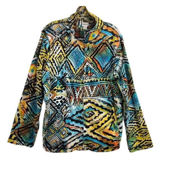 Chicos Full Zip Jacket Size 2 Large Tribal Art To Wear Long Sleeve Smocked Back - Picture 1 of 14